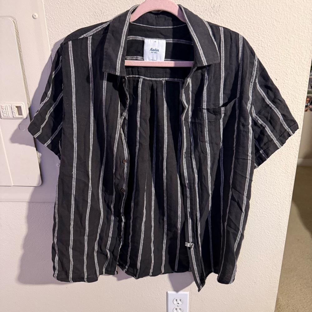 Katin Linen Blend Short Sleeve Button Up Shirt Black Striped Size Large